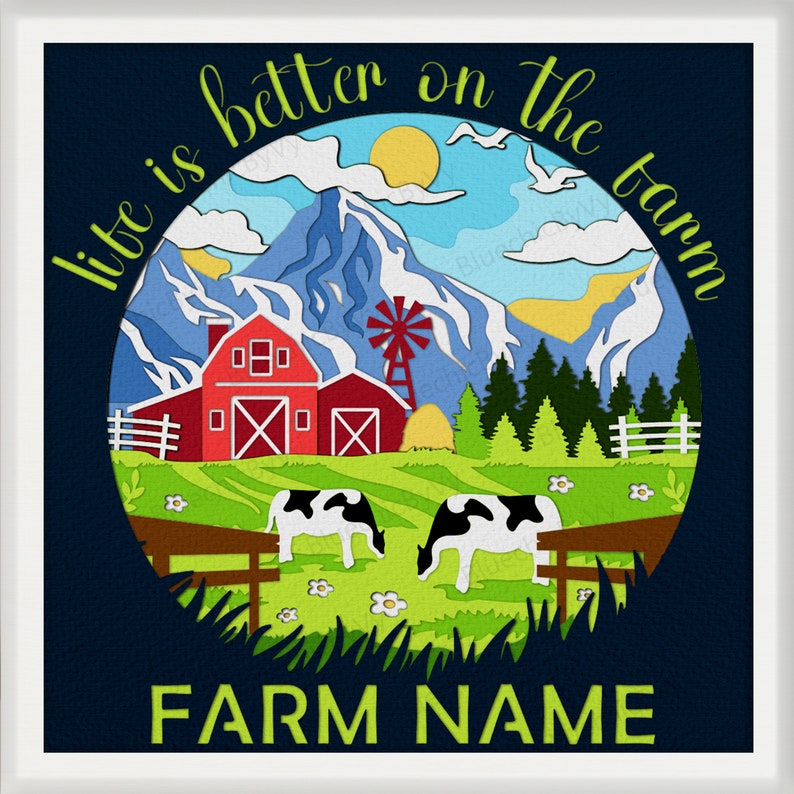 May include: A framed, circular farm scene featuring a red barn, windmill, and two cows grazing in a green field. The text "life is better on the farm" curves around the top, with "FARM NAME" at the bottom. A blue sky and mountains complete the design.