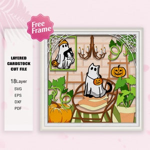 Chambre chat Halloween Shadow Box Svg, boîte 3D Halloween, chat Halloween svg, svg Halloween fantôme, chat fantôme svg, pour fichier Cricut, décoration d'Halloween