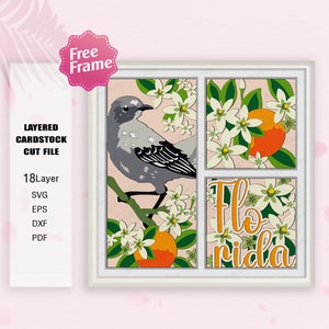 Northern Mockingbird y Flower Shadow Box SVG, Northern Mockingbird 3D Box, Bird Florida svg, Para archivo cricut, Northern Mockingbird Decor