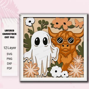 Peut inclure: Un fichier de découpe en papier cartonné à 12 couches représentant un fantôme blanc et une vache Highland brune portant des lunettes rondes, entourés de fleurs et d'un papillon. Le texte indique : LAYERED CARDSTOCK CUT FILE, 12 Layer, SVG, PNG, DXF, PDF.