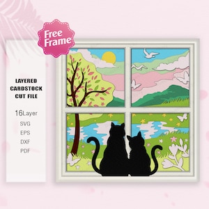 Couple Cats and Spring Window Shadow Box svg, Cat 3D Box, Cats and Spring , Cat Spring Window 3d Box, For Cricut File, Cat svg, Cat Decor