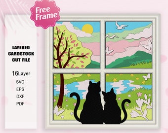 Pareja de gatos y Spring Window Shadow Box svg, Cat 3D Box, Gatos y primavera, Cat Spring Window 3d Box, Para archivo Cricut, Cat svg, Cat Decor