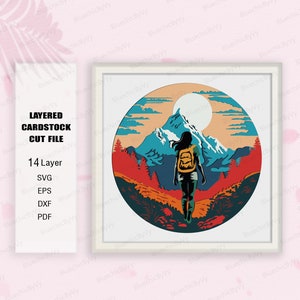 Senderismo Chica Shadow Box SVG , Adventure Shadow Box svg, Senderismo Caja de luz, Senderismo 3D Box svg, Decoración de senderismo, Regalo de senderismo, Senderismo Chica 3D