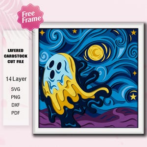 Starry Ghost SVG, Layered Shadow Box Paper Cut File, Van Gogh Inspired Halloween Ghost Decor, Celestial Wall Art DIY Gift /L96