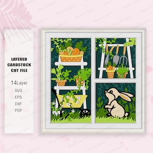 Jardin de printemps ombre boîte SVG, jardin de printemps ombre boîte, boîte 3D lapin, cadeau de Pâques lapin, lapin caisson lumineux SVG, décoration de Pâques, svg de lapin