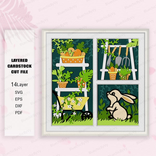 Spring Garden Shadow Box SVG, Spring Garden Shadow Box, Rabbit 3D Box, Rabbit Easter Gift, Rabbit Light Box SVG, Easter Decor, Rabbit svg