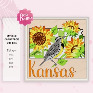 Kansas Flower e Bird Shadow Box SVG,Kansas Flower 3D Box, Girasole in formato SVG,Kansas State Bird in formato SVG,Per file cricut,Kansas Flower e Bird Decor