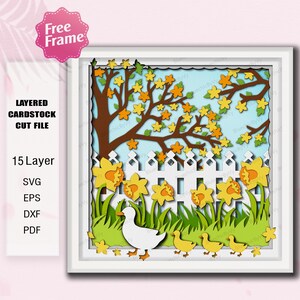 Frühling Garten Parade SVG, 3D geschichtete Ente und Narzisse Schatten Box Schnitt Datei für Cricut, Osterzaun Szene Papier Handwerk Dekor SVG /K529
