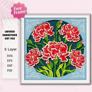 Archivo de recorte de papel para caja de sombras de flores de clavel / Decoración de flores de clavel Caja de sombras de flores de nacimiento de enero Regalo de cumpleaños de clavel / K397