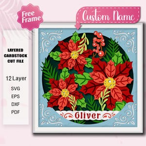 Poinsettia Flower Shadow Box SVG met aangepaste naam, geboortemaand december gelaagde bloemen papierkunst voor decor kerstcadeau /K524