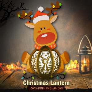 Renne mignon lanterne de Noël Svg, boîte ombre de renne, lanterne en papier découpé, lanterne de Noël, renne 3D, renne de Noël, décoration de Noël