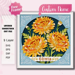 Flor de crisântemo SVG, arquivo de corte floral 3D do mês de nascimento de novembro com nome personalizado, caixa de sombra de papel em camadas para presente Cricut / K519