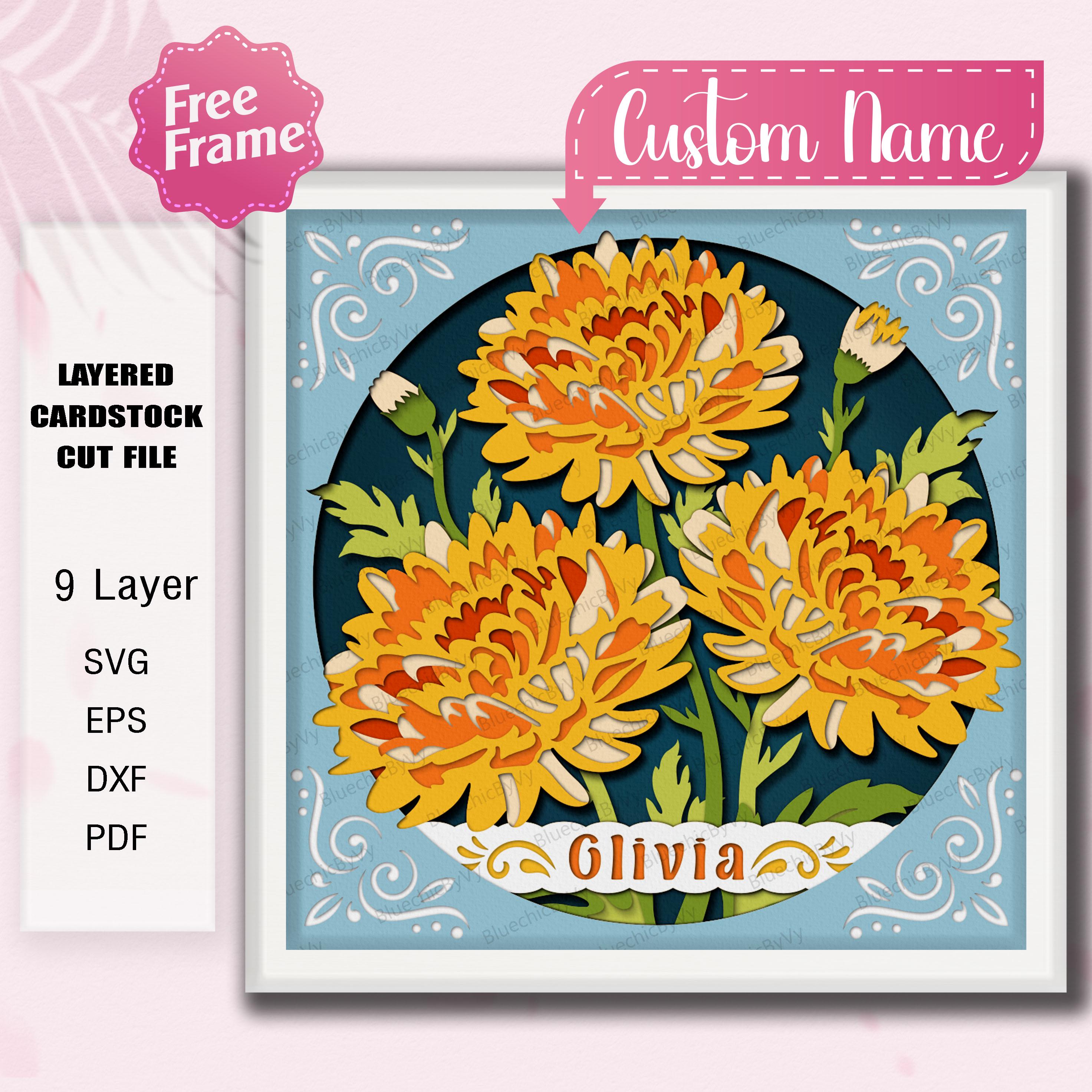 Chrysanthemum Flower SVG, 3D November Birth Month Floral Cut File With Custom Name, Layered Paper Shadow Box For Cricut Gift /K519