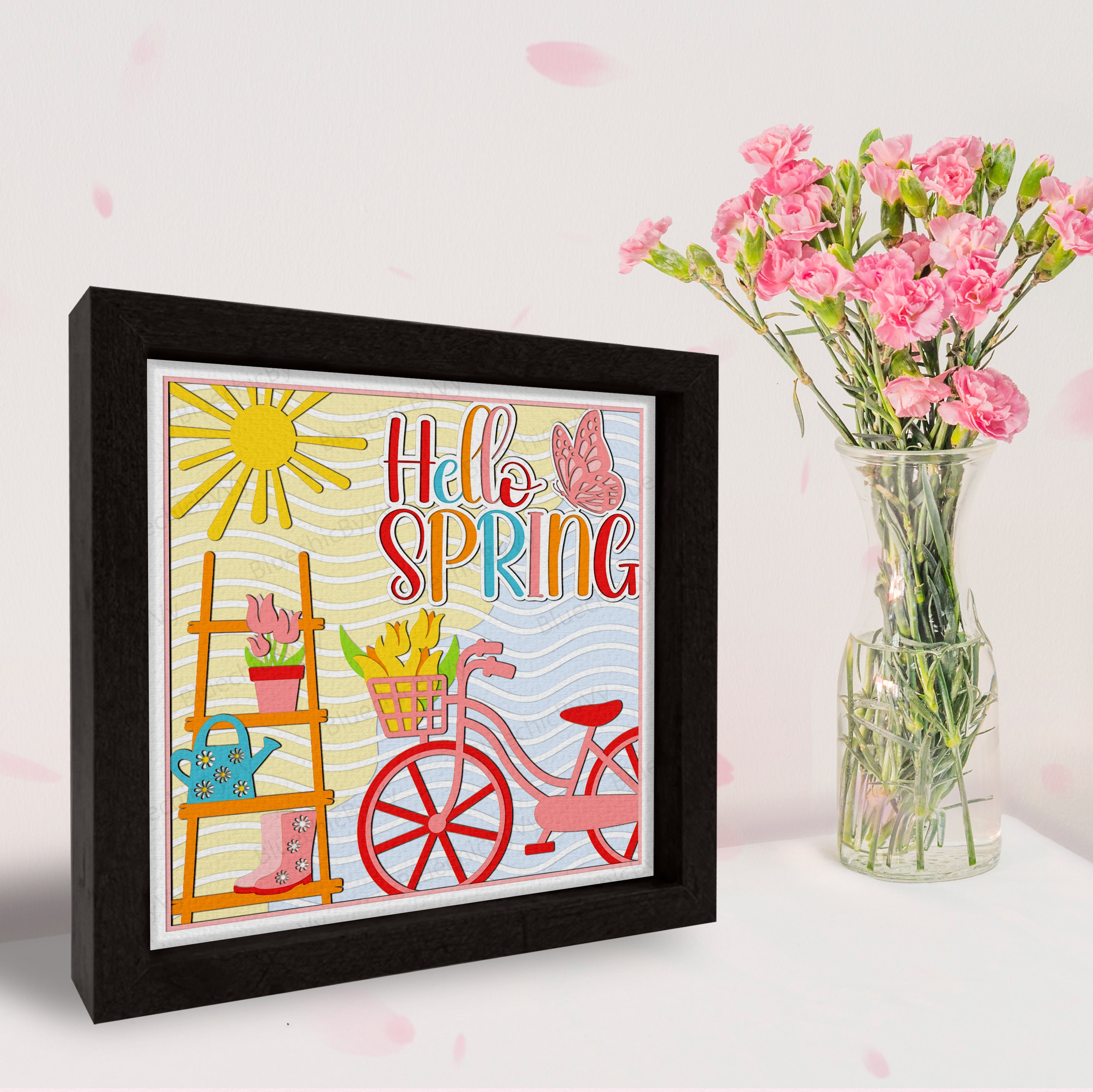 Hello Spring Signature Box Hello Spring Shadow Box SVG, Spring Garden Shadow Box, Spring Bicycle ...