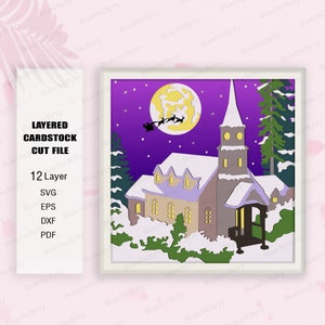 Caja de sombras de la Iglesia de Navidad SVG, Para Cricut, Caja de luz de la Iglesia de Navidad SVG, Decoración de Navidad, Regalo de Navidad, Caja de regalo 3d, Iglesia de Navidad svg