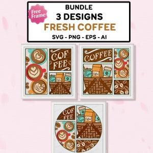 Bündel Frischer Kaffee Shadow Box svg, frischer Kaffee 3D Box, Kaffee Light Box SVG, für Cricut-Datei, Kaffeetasse Geschenk, 3D Box Geschenk, Kaffeekorb Dekor