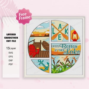 Détendez-vous Lake Life Shadow Box SVG, SVG de vie de lac, pour fichier Cricut, maison cadeau lac, boîte d'ombre de paysage de lac, décoration de maison de lac, bateau au bord du lac