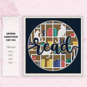 Lire la boîte d'ombre de chat SVG, lire la boîte d'ombre de chat, boîte 3D de chat, lire le livre amant de fille, lire la boîte lumineuse de chat Svg, pour cricut, chat lire le livre SVG