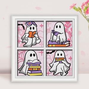 May include: Four white ghosts with different expressions are reading books in a pink and white window frame. The ghosts are sitting on stacks of books.