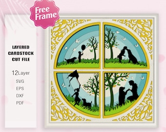 Caja de sombras Girl Life Seasons SVG, Caja de sombras de árbol de las cuatro estaciones, Niña y perro SVG, Caja 3D Seasons, Regalos Seasons, Estaciones de la vida Svg