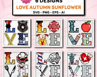 LOVE Job Bundle SVG Shadow Box, 6 Layered Cut Files For Police, Firefighter, Nurse, Teacher, Chef, Barber, Career Gift Craft Decor /K566