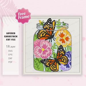 Svg Mason Jar Pansy Flower Shadow Box Svg, Mason Jar, Pensy Flower Butterfly Light Box, boîte 3D Pensy Flower, pour fichier Cricut, Pensy Flower SVG