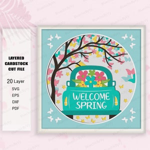 Spring Truck Shadow Box, Spring Truck Light Box Svg, Prezent wiosenny, Dla pliku Cricut, Prezent w pudełku cieni, Spring Truck SVG, Spring svg