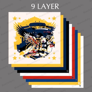 Puede incluir: Un dise&ntilde;o en capas con el texto "9 LAYER" en la parte superior. El dise&ntilde;o presenta un &aacute;guila, estrellas y un escudo en amarillo, azul, rojo y negro. El dise&ntilde;o est&aacute; en capas sobre nueve hojas de papel.