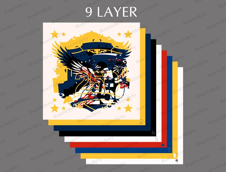 Puede incluir: Un dise&ntilde;o en capas con el texto "9 LAYER" en la parte superior. El dise&ntilde;o presenta un &aacute;guila, estrellas y un escudo en amarillo, azul, rojo y negro. El dise&ntilde;o est&aacute; en capas sobre nueve hojas de papel.