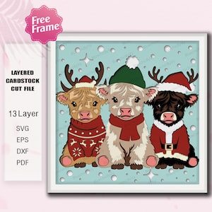 May include: A layered cardstock cut file showing three Highland cows in Christmas attire. The cows are wearing festive sweaters, hats, and scarves. The image includes the text "LAYERED CARDSTOCK CUT FILE" and file type options.