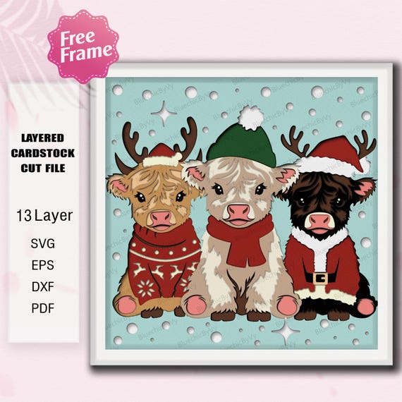 Highland Cow Christmas Trio Layered Shadow Box, Cute Holiday Cow Lightbox Template, Winter Farm Animal 3D Papercraft Decor Gift /K835
