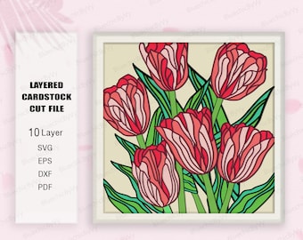 Tulip Flower Shadow Box SVG, Tulip Shadow Box, bloem 3D-box, liefhebber van tulp cadeau, tulp lichtbak Svg, voor cricut, bloem tulp svg