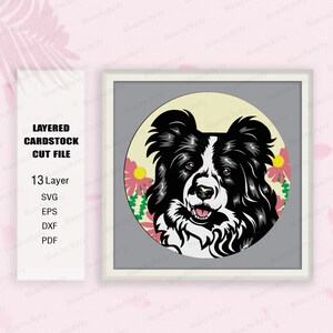 May include: A black and white border collie dog with a pink nose and tongue sticking out, looking directly at the viewer. The dog is surrounded by pink and yellow flowers on a yellow background. The image is in a circle with a gray border.