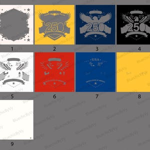 Puede incluir: Una colecci&oacute;n de dise&ntilde;os cuadrados con temas patri&oacute;ticos. Los dise&ntilde;os presentan &aacute;guilas, pancartas, estrellas y el n&uacute;mero 250, en varios colores, incluyendo amarillo, rojo, azul y negro. Algunos dise&ntilde;os incluyen el texto "USA" y "United States of America."