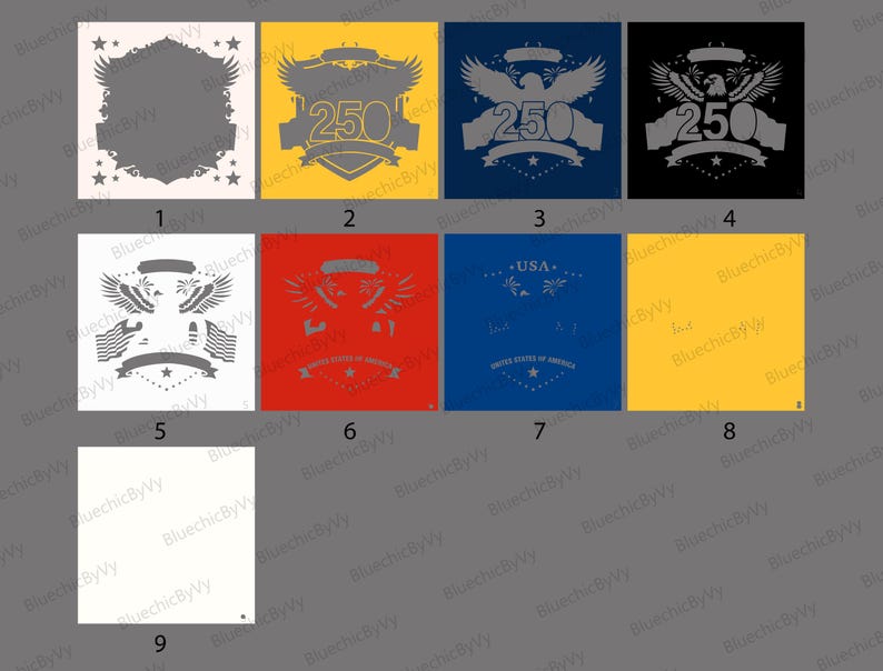 Puede incluir: Una colecci&oacute;n de dise&ntilde;os cuadrados con temas patri&oacute;ticos. Los dise&ntilde;os presentan &aacute;guilas, pancartas, estrellas y el n&uacute;mero 250, en varios colores, incluyendo amarillo, rojo, azul y negro. Algunos dise&ntilde;os incluyen el texto "USA" y "United States of America."