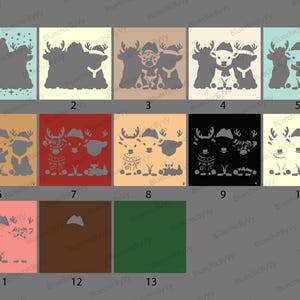 May include: A collection of decorative panels featuring stylized reindeer designs. Each panel showcases a different arrangement of reindeer, some wearing hats and sweaters, in various colors including blue, beige, red, and black. The panels are ideal for holiday or winter decor.