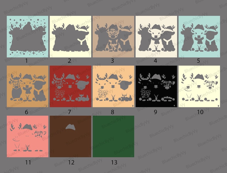 May include: A collection of decorative panels featuring stylized reindeer designs. Each panel showcases a different arrangement of reindeer, some wearing hats and sweaters, in various colors including blue, beige, red, and black. The panels are ideal for holiday or winter decor.