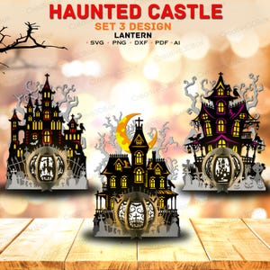 May include: A set of three digital designs for a haunted castle lantern, featuring SVG, PNG, DXF, PDF, and AI file formats. The designs depict intricate black castle silhouettes with yellow and purple accents, graveyard scenes, and bare trees.