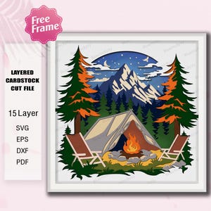 Caja de sombras para acampar SVG, Fogata de montaña 3D con capas SVG, Archivo de corte Cricut para tienda de campaña y bosque, Escena de naturaleza al aire libre SVG /K455