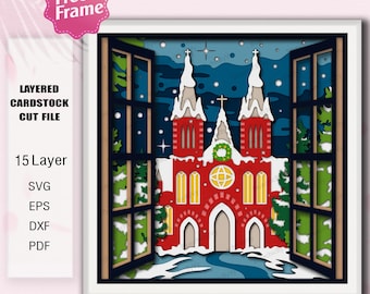 Christmas Church Shadow Box, Red Chapel Layered Papercut Template, Holiday Window Scene Light Box, Winter Religious Home Decor /K704