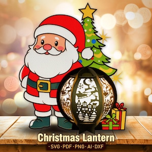 M. Père Noël lanterne de Noël Svg, boîte d'ombre du père Noël, lanterne en papier découpé, lanterne de Noël, boîte de Noël 3D, lanterne du père Noël, décoration de Noël, K18
