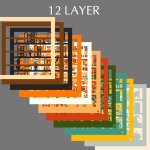 May include: A layered design with 12 different colored frames, each with a unique pattern of black silhouettes of various objects. The text "12 LAYER" is at the top of the image.