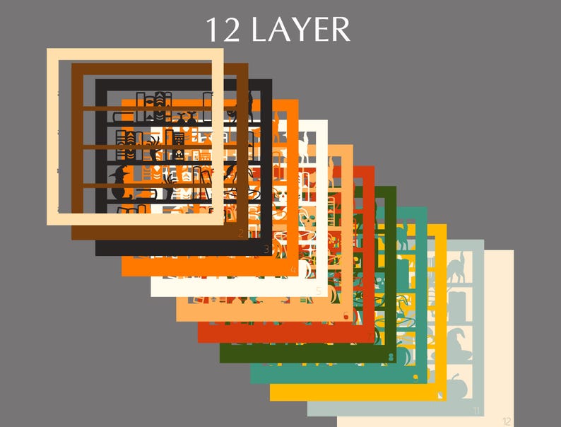 May include: A layered design with 12 different colored frames, each with a unique pattern of black silhouettes of various objects. The text "12 LAYER" is at the top of the image.