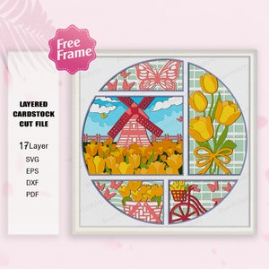 Väderkvarnar Shadow Box SVG, Väderkvarnar Blomfält Tulpan 3D Box, Väderkvarnar och blomma Tulpanfält svg, Väderkvarnar Blomdekor, För Cricut-fil
