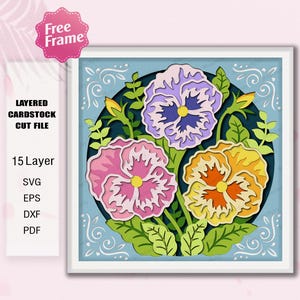 Archivo de corte de caja de sombra de pensamiento floral en capas 3D, archivo de Cricut de jardín de primavera, artesanía de papel para el Día de la Madre SVG /K389