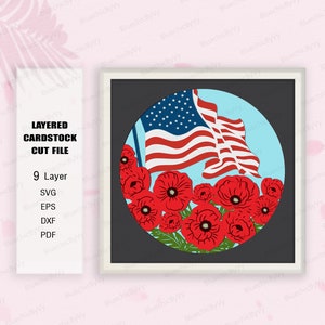 Poppy American Flag Shadow Box, Patriotic Shadow Box, American Flag Light Box Svg, Cricut File Svg, Independence Day, American Flag Svg