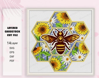 Biene Sonnenblume Schatten Box SVG, Für Cricut, Biene Sonnenblume Schatten Box, Blumen Biene 3D Box, Sonnenblume Biene Light Box svg, Sonnenblumen Biene svg