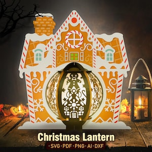 Lanterne maison en pain d'épice Svg, boîte ombre maison, lanterne en papier découpé, lanterne de Noël, boîte 3D maison de Noël, maison de gingembre, décoration de Noël
