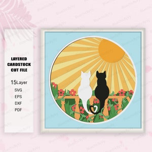 Svg de boîte à ombre pour couple chat soleil, cadeau pour Couple de chat, Svg de boîte à lumière pour couple de chat, boîte d'ombre de chat, fichier Cricut, cadeau de boîte d'ombre, SVG de Couple de chat