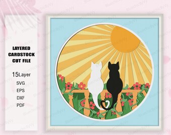 Sunshine Cat Couple Shadow Box SVG, Cat Couple Gift, Cat Couple Light Box SVG, Cat Shadow Box, Cricut-bestand, Shadow Box cadeau, kattenpaar SVG